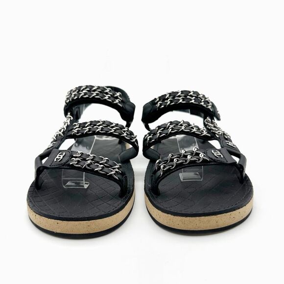 CHANEL 2022 Black Chain Interlocking CC Dad Sandals Size 40 Open Toe Slingback - Picture 8 of 15